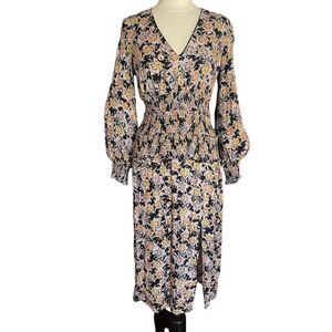 AFRM Midi Romantic Dress Sz L Sexy Smocked Waist Black Floral Balloon Sleeves